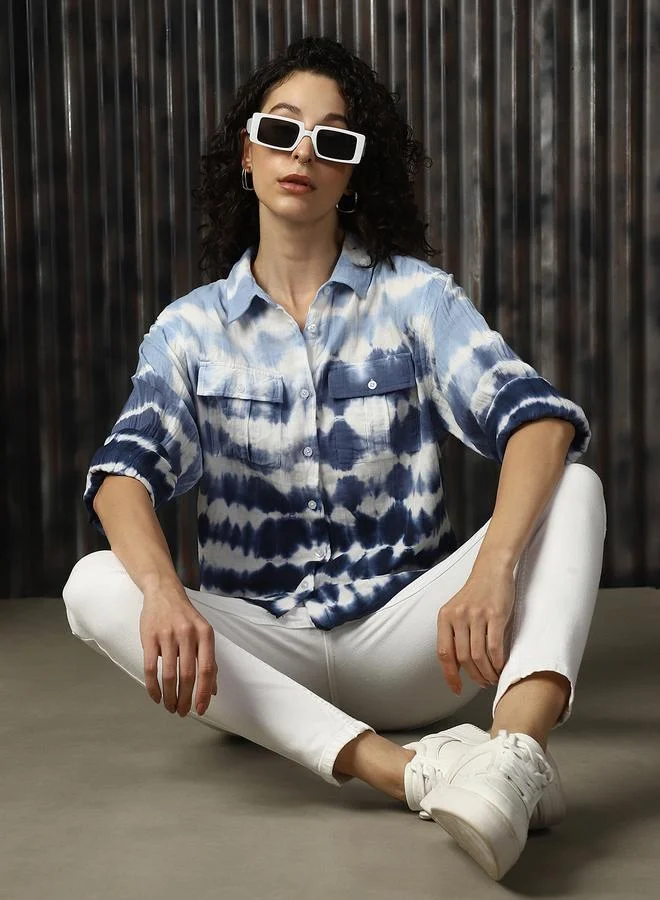 هاي ستار قميص قطن نسائي بطبعة صبغ وربطة، قصة واسعة، ياقة عريضة، كاجوال