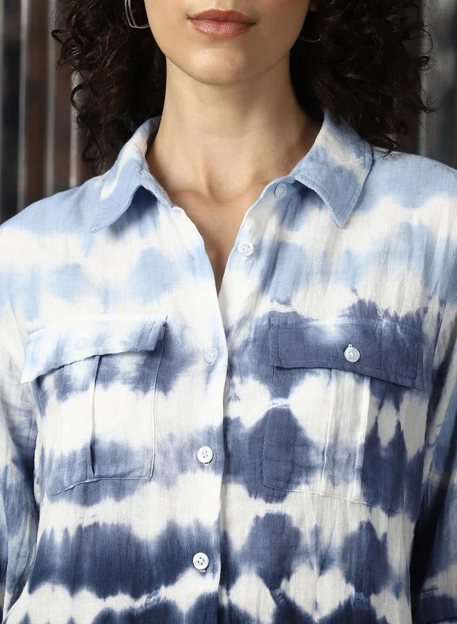 HIGH STAR Navy Women Relaxed Spread Collar Tie and Dye Printed Cotton Boxy Fit Casual Shirt for Women | Best Price UAE