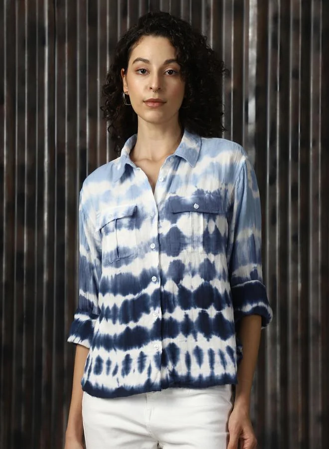HIGH STAR Navy Women Relaxed Spread Collar Tie and Dye Printed Cotton Boxy Fit Casual Shirt for Women | Best Price UAE