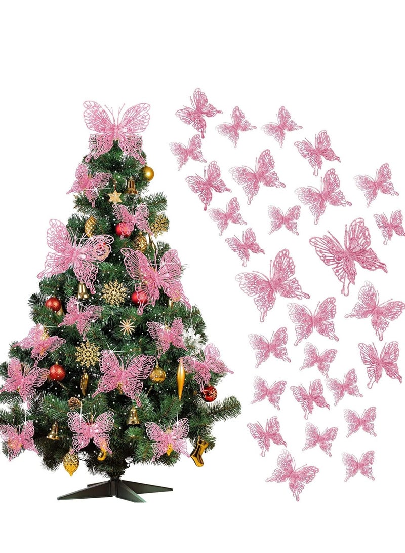 Excefore 36 Pcs Pink Ornaments 3 Size Glitter Hollow Butterfly Hanging Decorations with Clips and Stems for Holiday Party Crafts Tree (Pink) - Image 1
