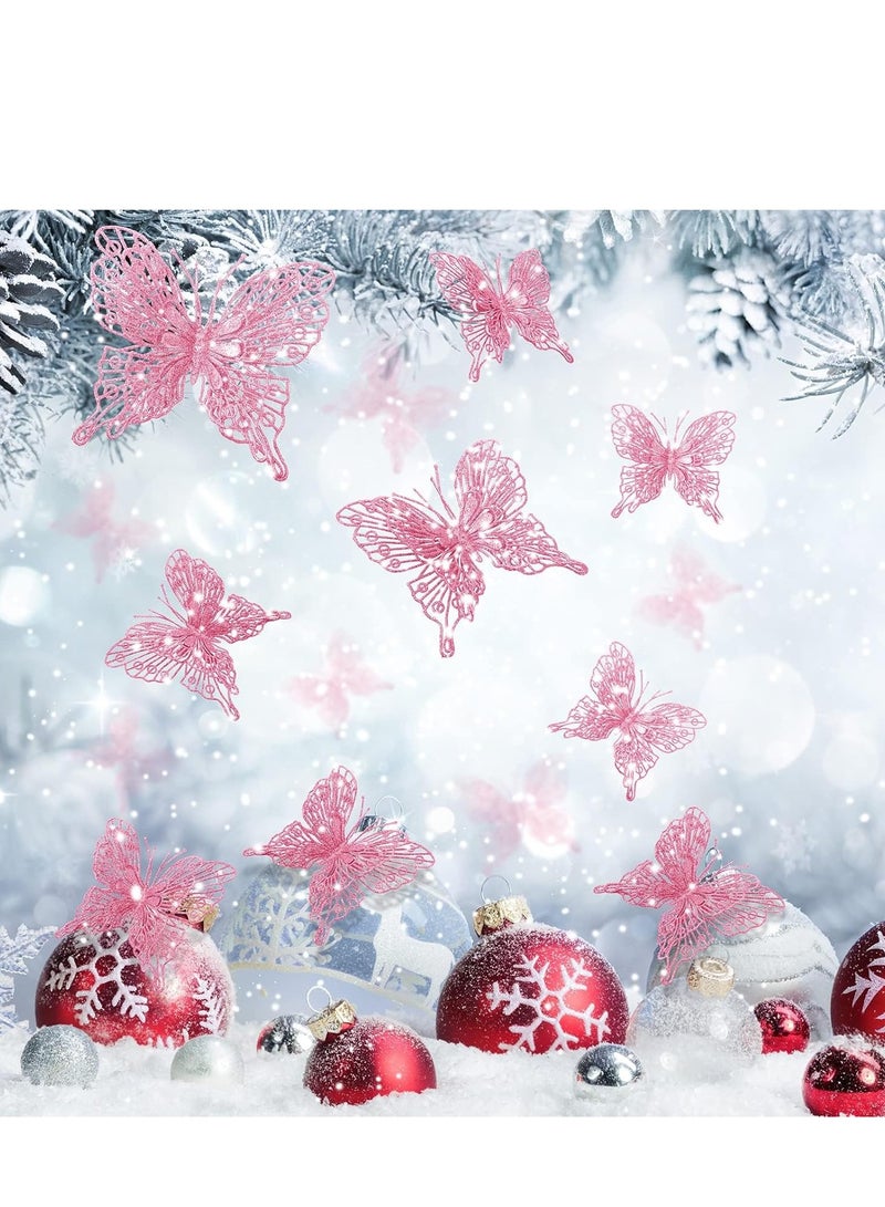 Excefore 36 Pcs Pink Ornaments 3 Size Glitter Hollow Butterfly Hanging Decorations with Clips and Stems for Holiday Party Crafts Tree (Pink) - Image 2
