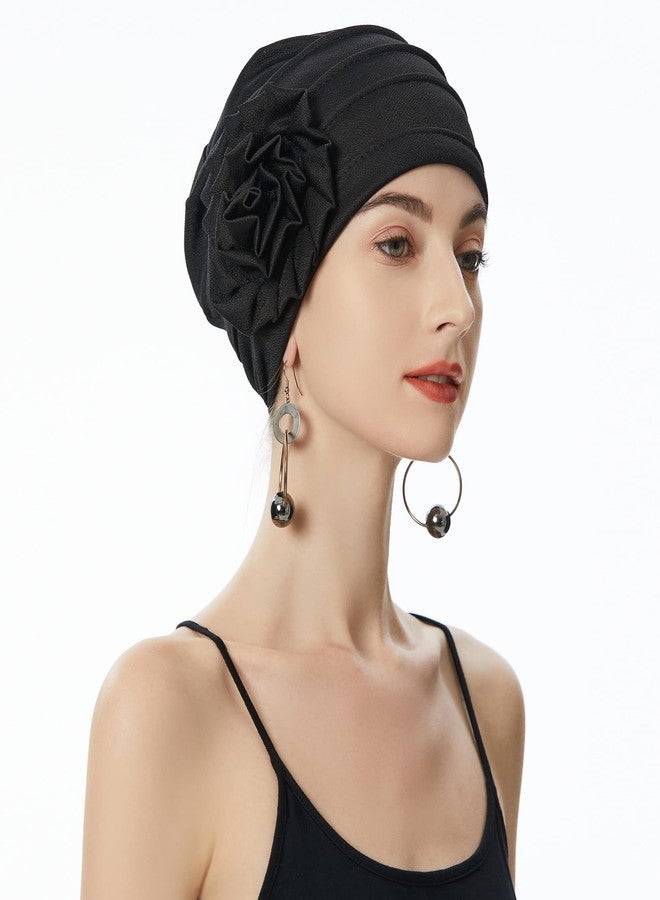 ZLYC Women Turban Beanie Hat with Flower Chemo Headwear Elastic Head Wrap Cap, Floral Black, M/One size - Image 4