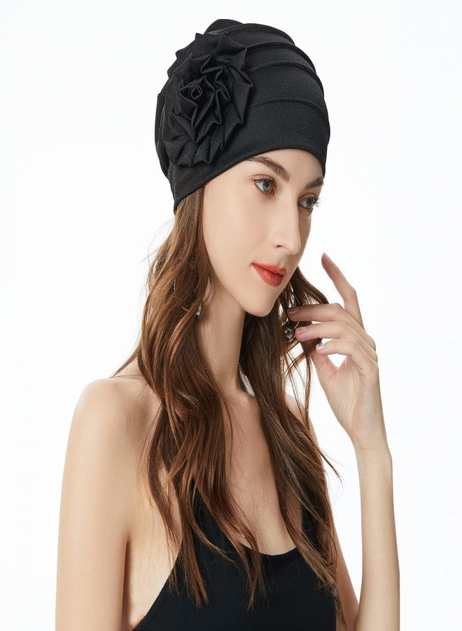 ZLYC Women Turban Beanie Hat with Flower Chemo Headwear Elastic Head Wrap Cap, Floral Black, M/One size - Image 5