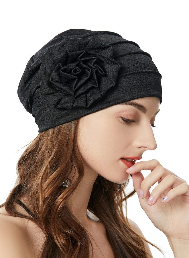 ZLYC Women Turban Beanie Hat with Flower Chemo Headwear Elastic Head Wrap Cap, Floral Black, M/One size - Image 1