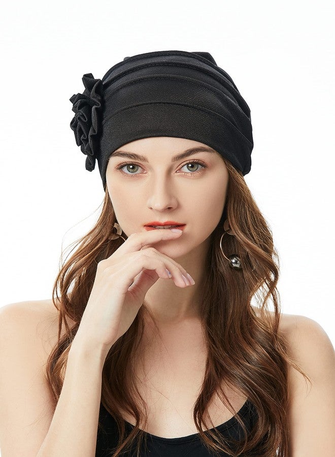 ZLYC Women Turban Beanie Hat with Flower Chemo Headwear Elastic Head Wrap Cap, Floral Black, M/One size - Image 2