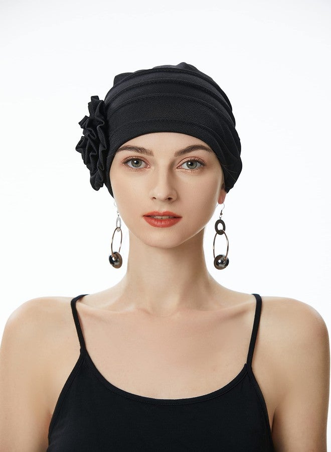 ZLYC Women Turban Beanie Hat with Flower Chemo Headwear Elastic Head Wrap Cap, Floral Black, M/One size - Image 3