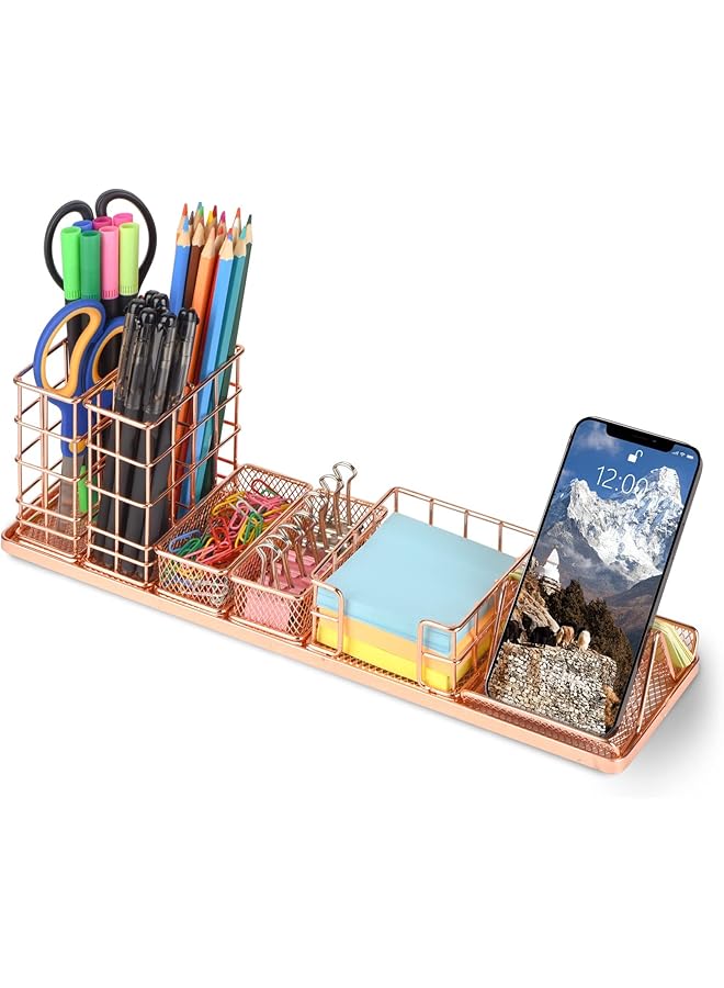 erorex Rose Gold Desk Organizer Office Desk Accessories With Pen Holder For Desk Desktop Organization With Phone Holder Sticky Note Tray Paperclip Storage And Caddy For Office Home School - Image 1