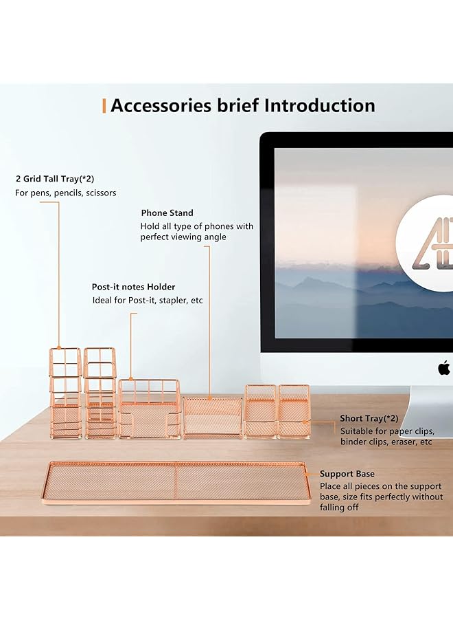 erorex Rose Gold Desk Organizer Office Desk Accessories With Pen Holder For Desk Desktop Organization With Phone Holder Sticky Note Tray Paperclip Storage And Caddy For Office Home School - Image 2