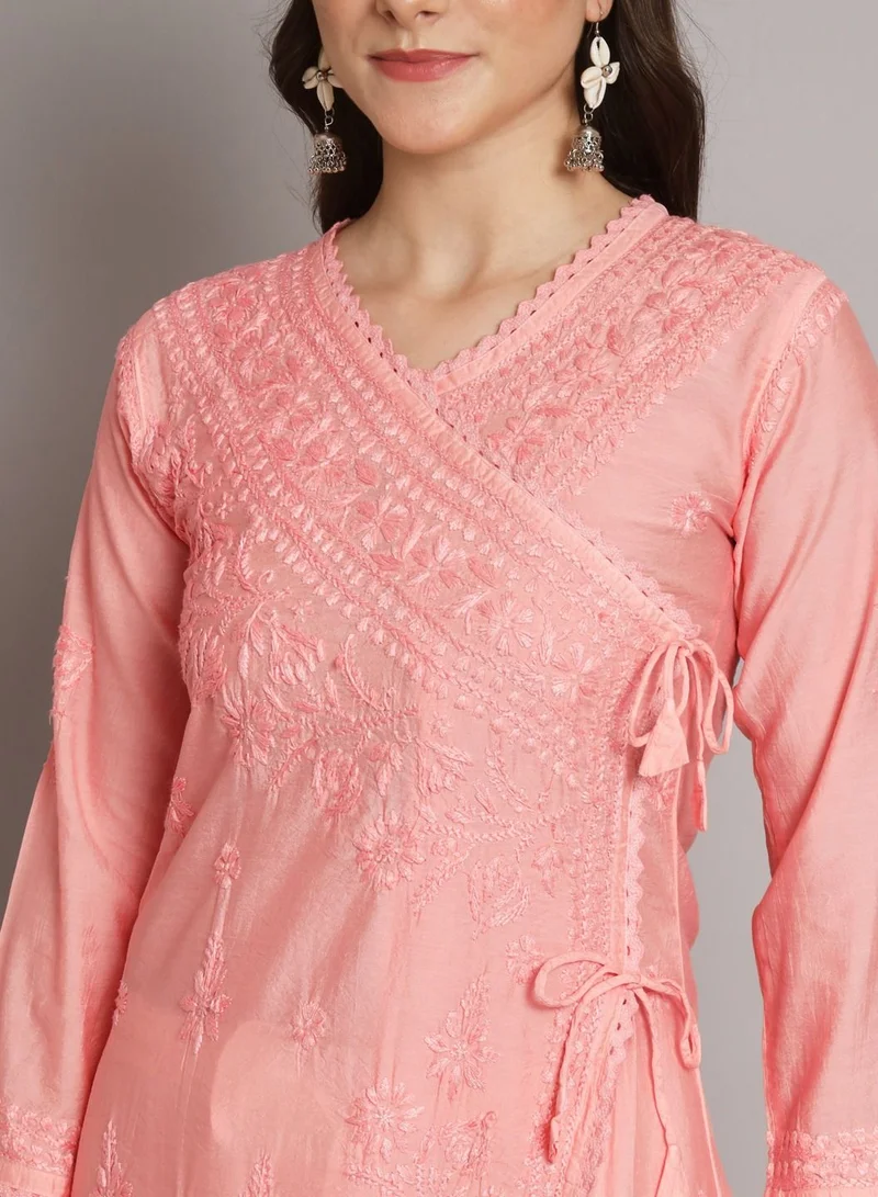 Alaya Hand Embroidered Chikankari A-Line Chanderi Cotton Angarkha Kurta-AL3667