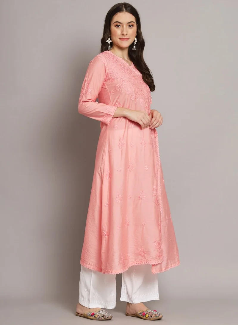 Alaya Hand Embroidered Chikankari A-Line Chanderi Cotton Angarkha Kurta-AL3667