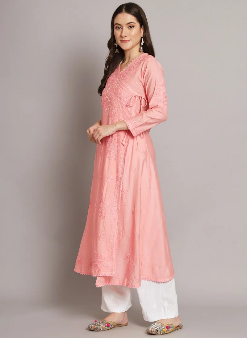 Alaya Hand Embroidered Chikankari A-Line Chanderi Cotton Angarkha Kurta-AL3667