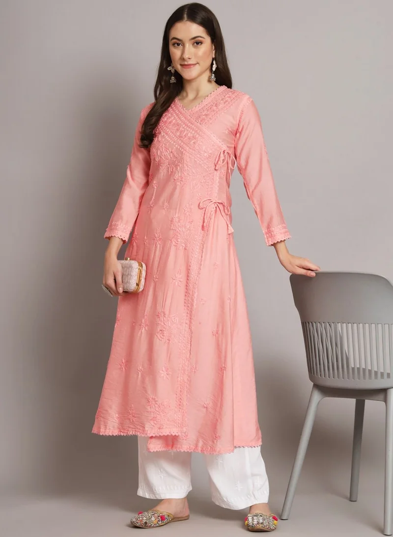 Alaya Hand Embroidered Chikankari A-Line Chanderi Cotton Angarkha Kurta-AL3667