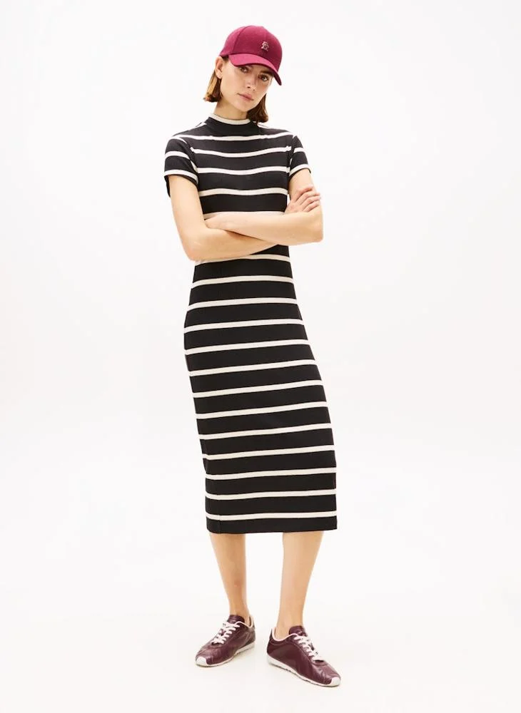 Contrast Crew Neck Short Sleeve Midi Dress