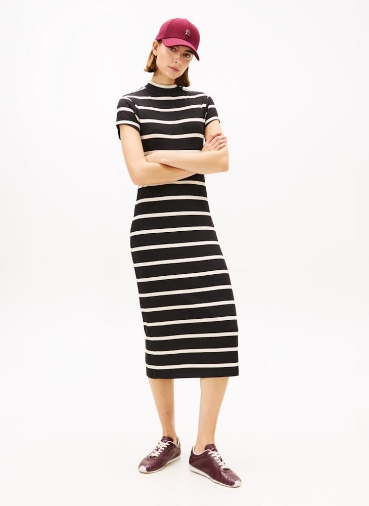 TOMMY HILFIGER Contrast Crew Neck Short Sleeve Midi Dress - Image 1