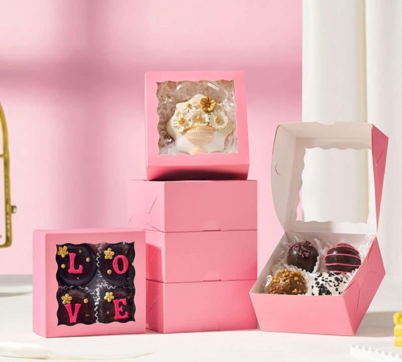 SLShePack 80 Pack 4x4x2 Pink Bakery Treat Boxes with Clear Window for Cookies, Mini Cake, Cinnamon Roll, Chocolate Truffle, Wedding Favor - Image 4