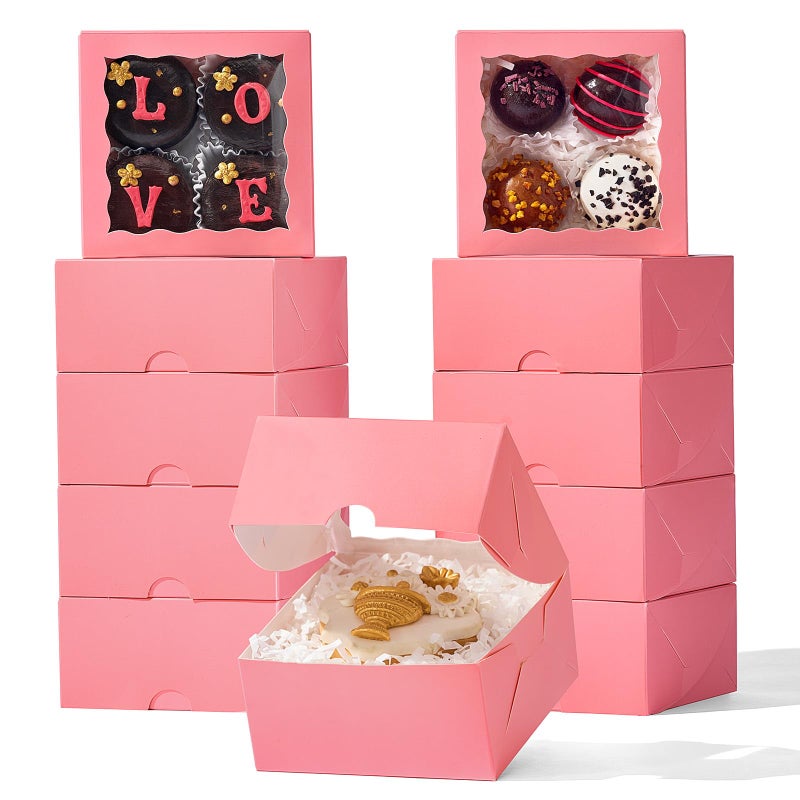 SLShePack 80 Pack 4x4x2 Pink Bakery Treat Boxes with Clear Window for Cookies, Mini Cake, Cinnamon Roll, Chocolate Truffle, Wedding Favor - Image 1