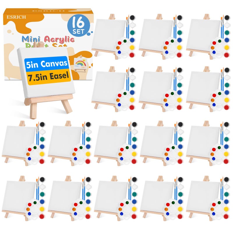 ESRICH 16 Set Mini Acrylic Paint Kit, 5in Mini Stretched Canvas with 7.5in Easel, Acrylic Paint Strips, Paint Palettes, Painting Brushes, Small Canvas and Easel Set for Kids Artists Beginner, Gift - Image 1