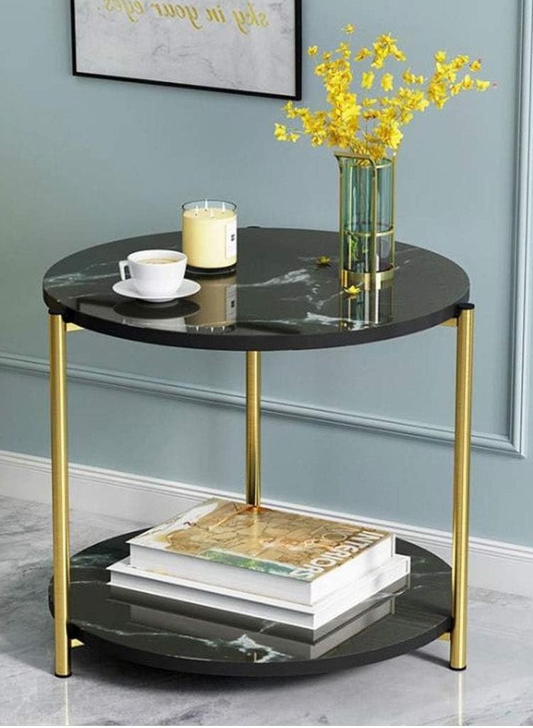 DubaiGallery طاولة شاي دائرية طاولات قهوة لغرفة المعيشة مزيج من الخشب والرخام طاولة متينة - Image 1