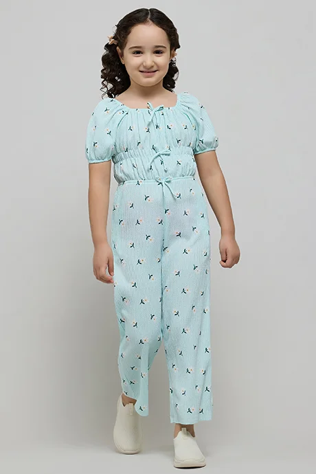 أر أند بي Printed Jumpsuit with Crew Neck and Puff Sleeves