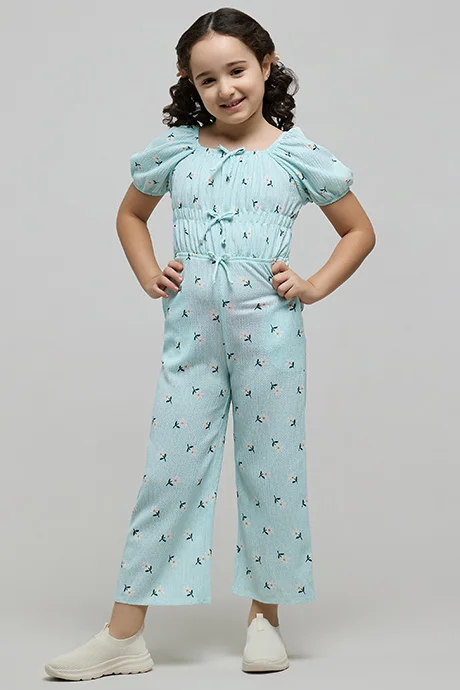 أر أند بي Printed Jumpsuit with Crew Neck and Puff Sleeves