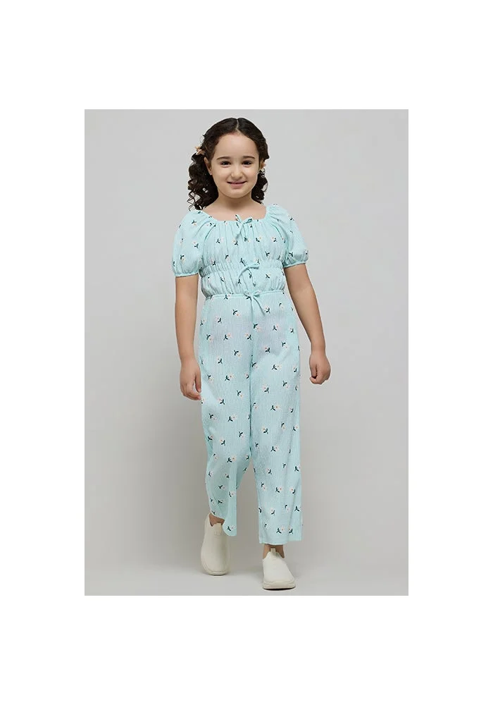 R&b Printed Jumpsuit with Crew Neck and Puff Sleeves