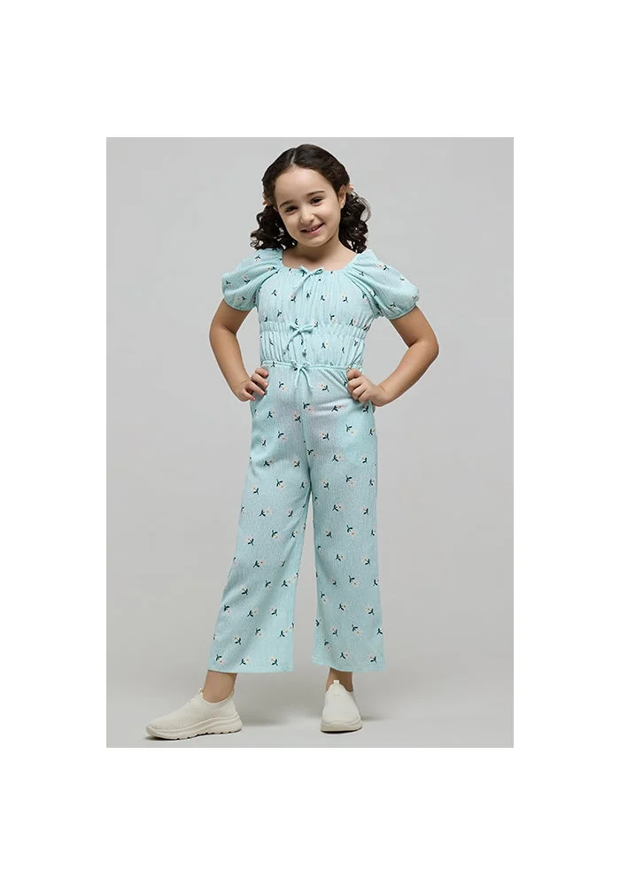 R&b Printed Jumpsuit with Crew Neck and Puff Sleeves