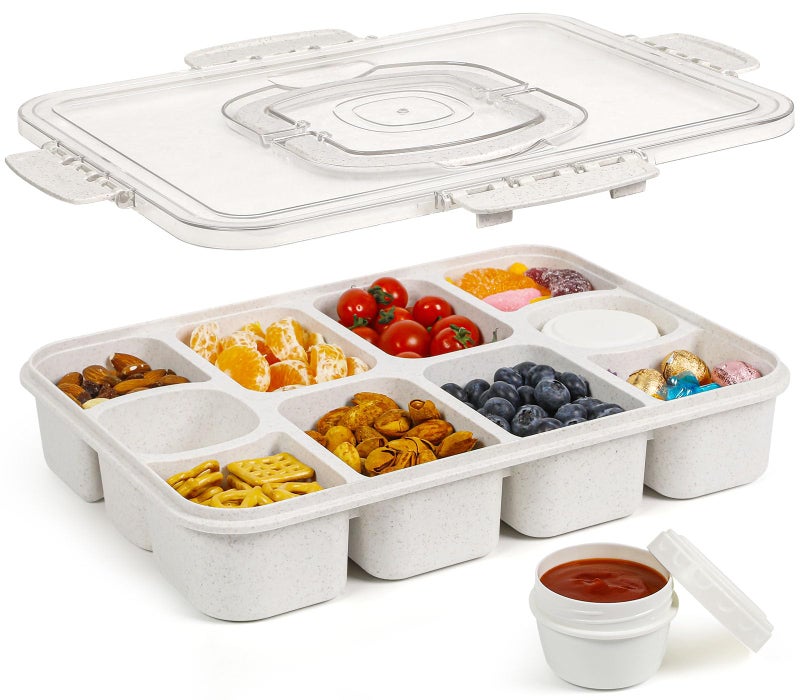Caperci Snackle Box Container - Large 10-Compartment Divided Serving Tray with Lid and Handle, Built-in 2 Dip Containers, Dishwasher Safe, Leak-Proof, Wheat Straw, BPA-Free (White) - Image 1