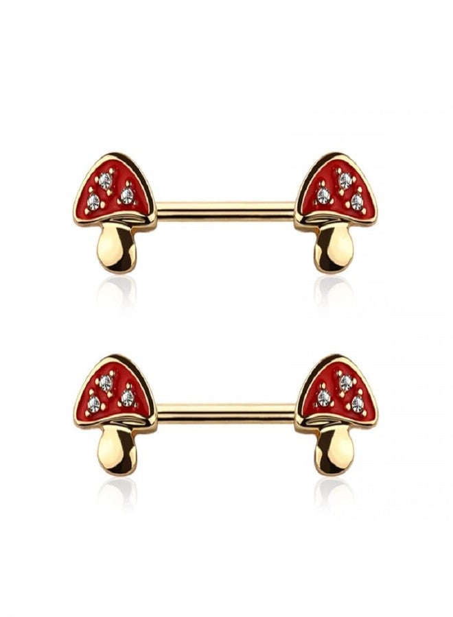Pierced Owl 14GA 316L Stainless Steel CZ Crystal Paved Mushroom Ends Nipple Barbells, Sold as a Pair (Gold Tone) - Image 1