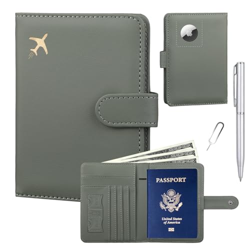 GOAUS Passport Holder for Travel with Airtag Card Slots, Money Pocket, Women Men RFID Blocking Wallet Book Case Green - Image 1