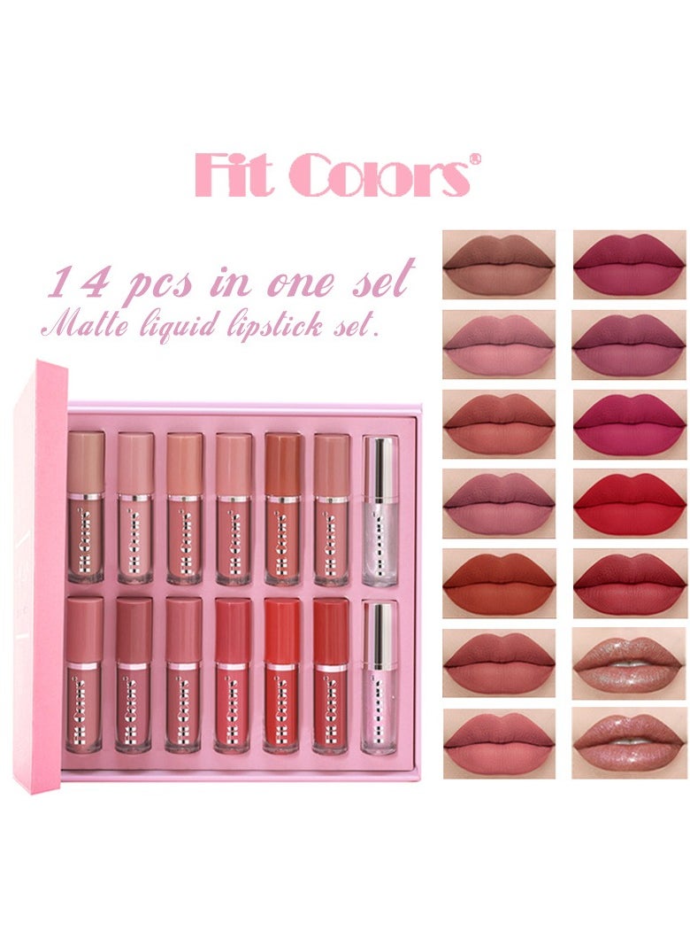 Fit Colors - المرأة للماء طويلة الأمد غير لاصقة كأس لا تتلاشى عارية 14 قطعة المخملية ماتي السائل أحمر الشفاه مجموعة - Image 1