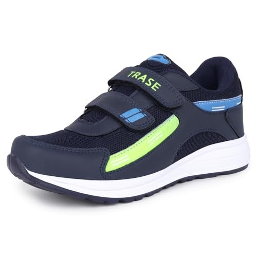 TRASE Sports Shoes for Kids | Running Shoes for Boys & Girls with Hook & Loop | Anti-Skid Comfortable Lightweight Footwear with Breathable Fabric (Navy-Green, 4 UK) - Image 1