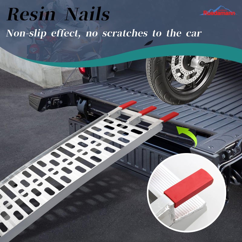 Ruedamann 7.5FT Aluminum Motorcycle Ramp, 750 lbs Capacity, Folding Truck Ramp for ATV, Motorcycle, Lawn Mower, Dirt Bike, Ribbed Plate Traction, Rubber-Tipped Fingers, Load Straps Included, 1 PC - Image 5