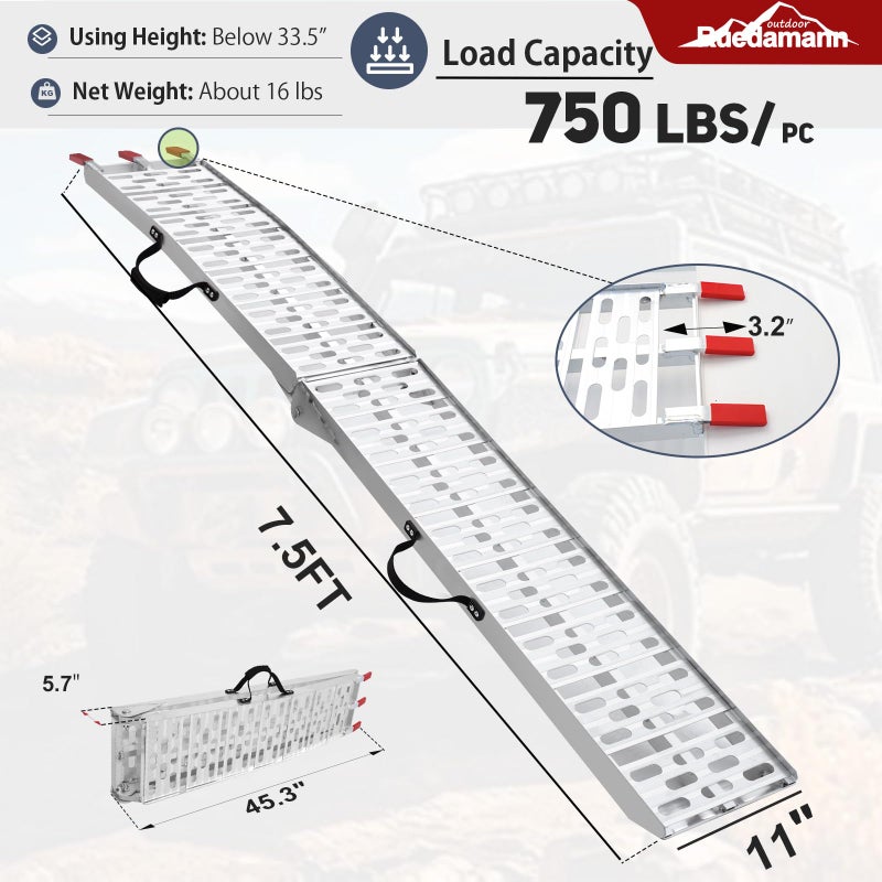 Ruedamann 7.5FT Aluminum Motorcycle Ramp, 750 lbs Capacity, Folding Truck Ramp for ATV, Motorcycle, Lawn Mower, Dirt Bike, Ribbed Plate Traction, Rubber-Tipped Fingers, Load Straps Included, 1 PC - Image 3