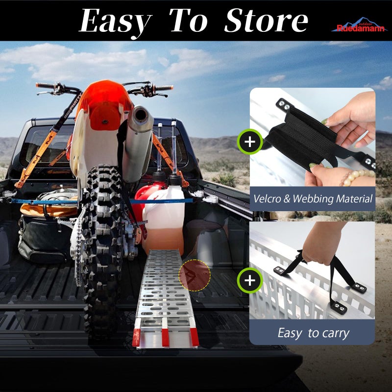 Ruedamann 7.5FT Aluminum Motorcycle Ramp, 750 lbs Capacity, Folding Truck Ramp for ATV, Motorcycle, Lawn Mower, Dirt Bike, Ribbed Plate Traction, Rubber-Tipped Fingers, Load Straps Included, 1 PC - Image 4