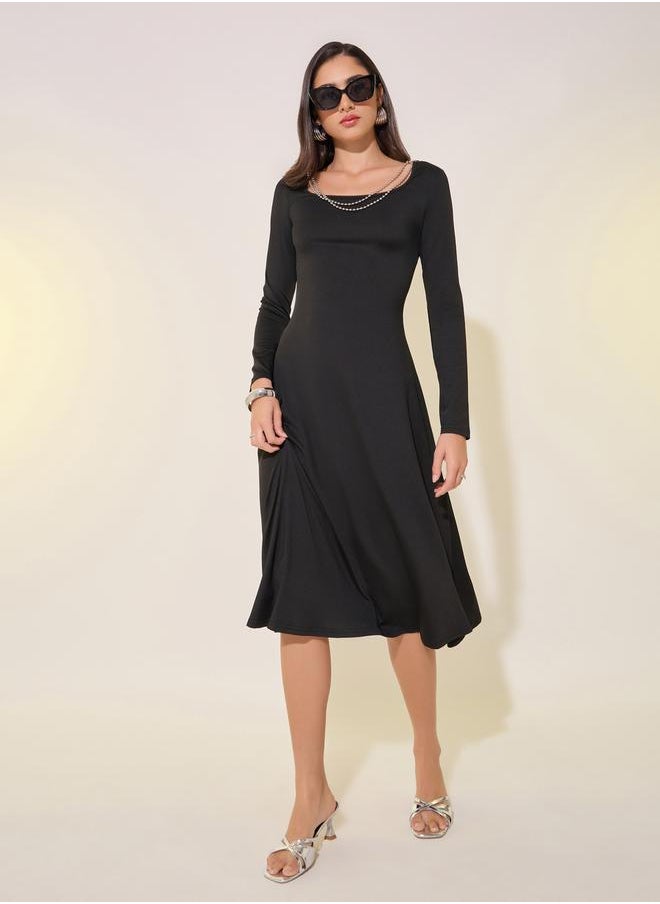 Take Two Solid Square Neckline Chain Detail A-Line Midi Dress  - Image 2