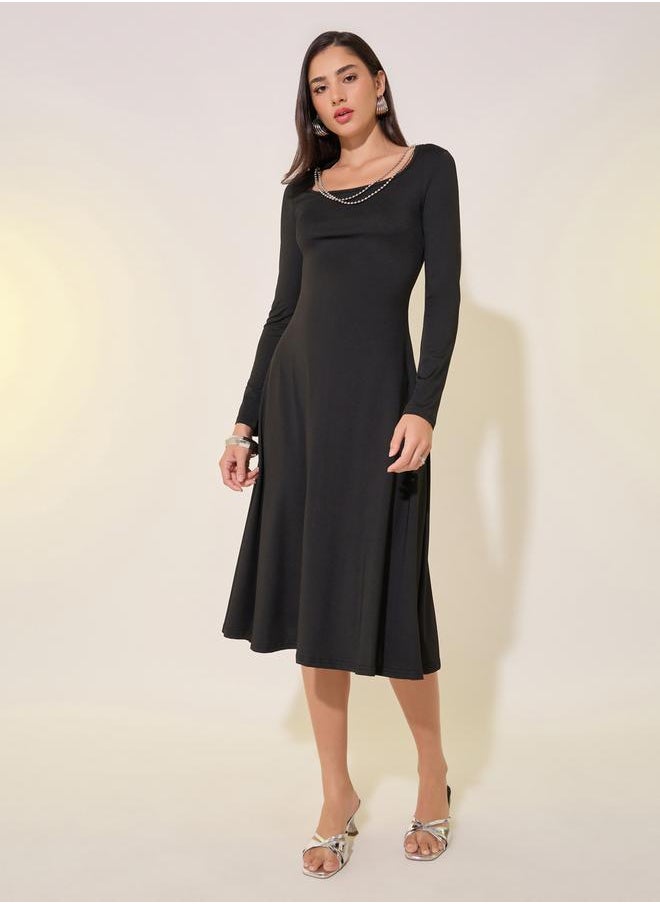 Take Two Solid Square Neckline Chain Detail A-Line Midi Dress  - Image 1
