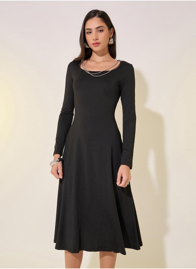Take Two Solid Square Neckline Chain Detail A-Line Midi Dress  - Image 3