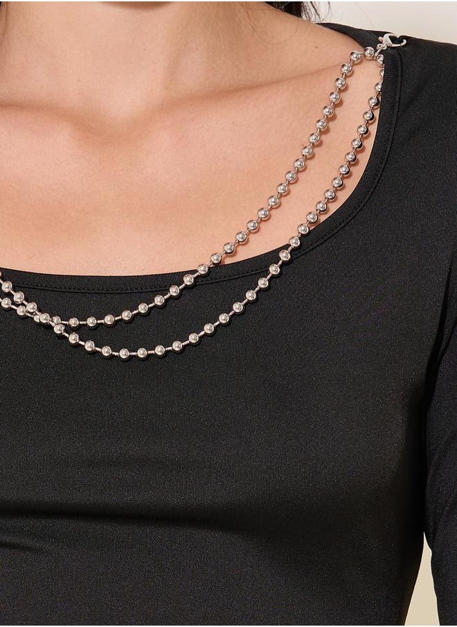 Take Two Solid Square Neckline Chain Detail A-Line Midi Dress  - Image 4
