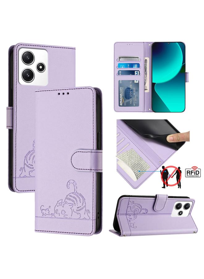 Case For Xiaomi Redmi 12 5G Global Cat Rat Embossed Pattern RFID PU Phone Case with Wrist Strap