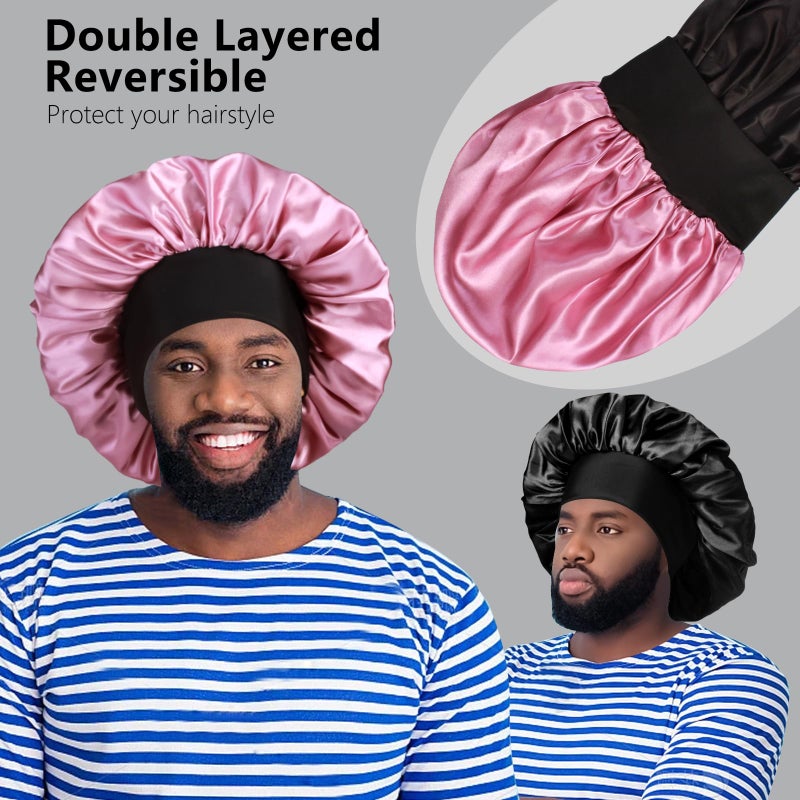 Heniho 2pcs Bonnets for Men, Double Layer Hair Bonnet Satin Bonnet for Women Curly Hair Braids, C - Image 2
