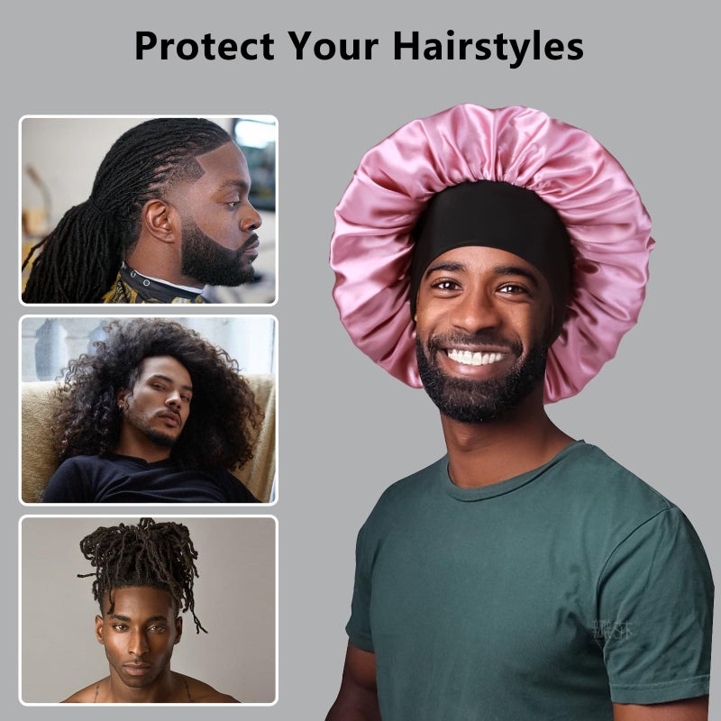 Heniho 2pcs Bonnets for Men, Double Layer Hair Bonnet Satin Bonnet for Women Curly Hair Braids, C - Image 4