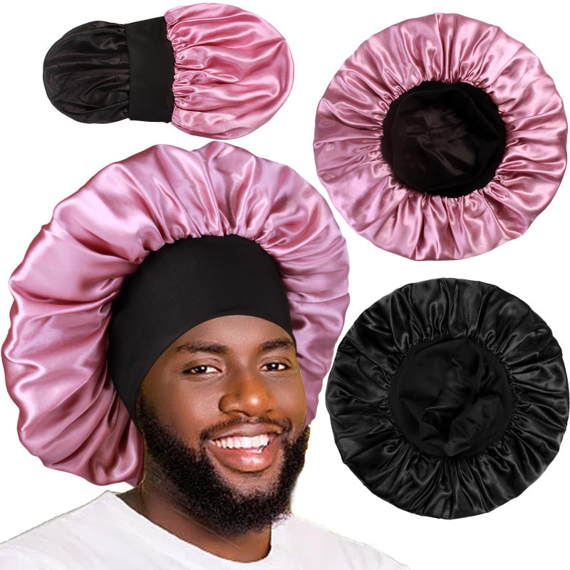 Heniho 2pcs Bonnets for Men, Double Layer Hair Bonnet Satin Bonnet for Women Curly Hair Braids, C - Image 1