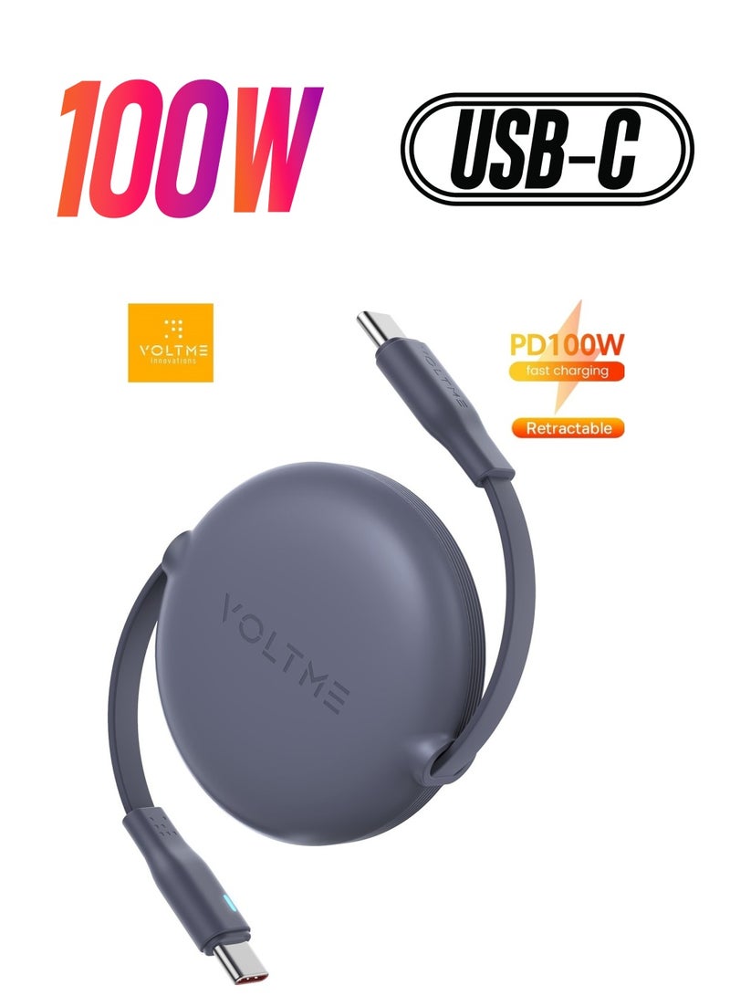VOLTME 100W 5A Retractable Type C Cable with Power Delivery (PD) & E-Marker Chip (1m, 3ft) – Super Fast Charging & Data Sync USB-C to USB-C Cord Compatible with iPhone Air, 17/17 Pro/17 Pro Max, iPhone 16/16 Pro/16 Pro Max, iPhone 15 Series, iPad Pro M4, iPad Air M2, MacBook Pro/Air M3 M2, Galaxy S25/S24 Ultra, Pixel 9 Pro, Xiaomi 14 Ultra, OnePlus 12, ROG Alien, Steam Deck, Legion Go, Nintendo Switch, DJI Pocket 3, Sony ZV-E10, Dell XPS, HP Spectre, USB C Earbuds, Power Banks & More (Blue/Grey) - Image 1