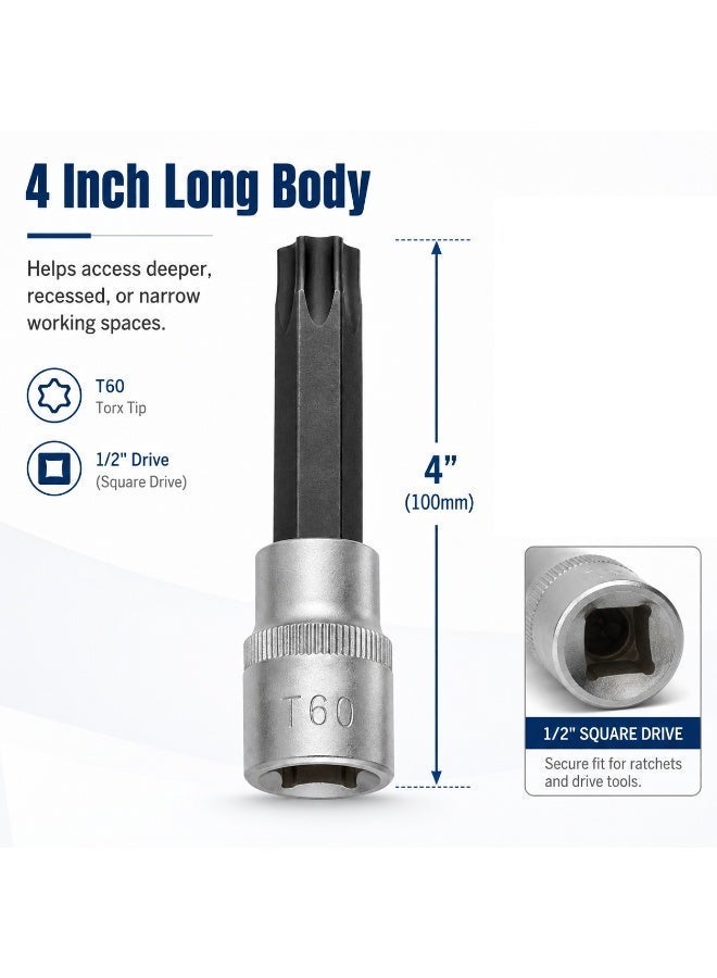 T60 Torx Bit Socket 1/2 Inch Drive, 4 Inch Long CR-V Metal Star Socket Tool For Ratchet, Car Repair, Workshop & DIY Maintenance - Image 3