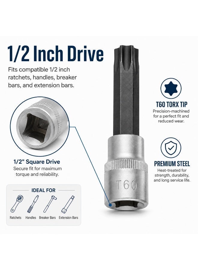 T60 Torx Bit Socket 1/2 Inch Drive, 4 Inch Long CR-V Metal Star Socket Tool For Ratchet, Car Repair, Workshop & DIY Maintenance - Image 2