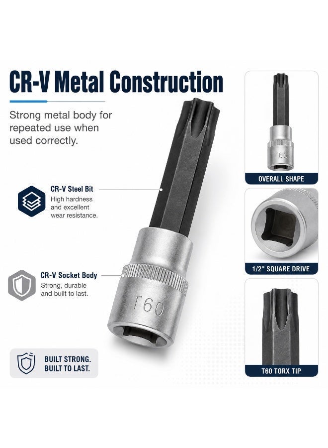 T60 Torx Bit Socket 1/2 Inch Drive, 4 Inch Long CR-V Metal Star Socket Tool For Ratchet, Car Repair, Workshop & DIY Maintenance - Image 4
