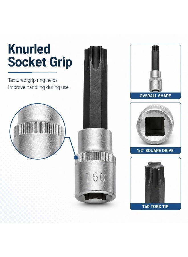 T60 Torx Bit Socket 1/2 Inch Drive, 4 Inch Long CR-V Metal Star Socket Tool For Ratchet, Car Repair, Workshop & DIY Maintenance - Image 5