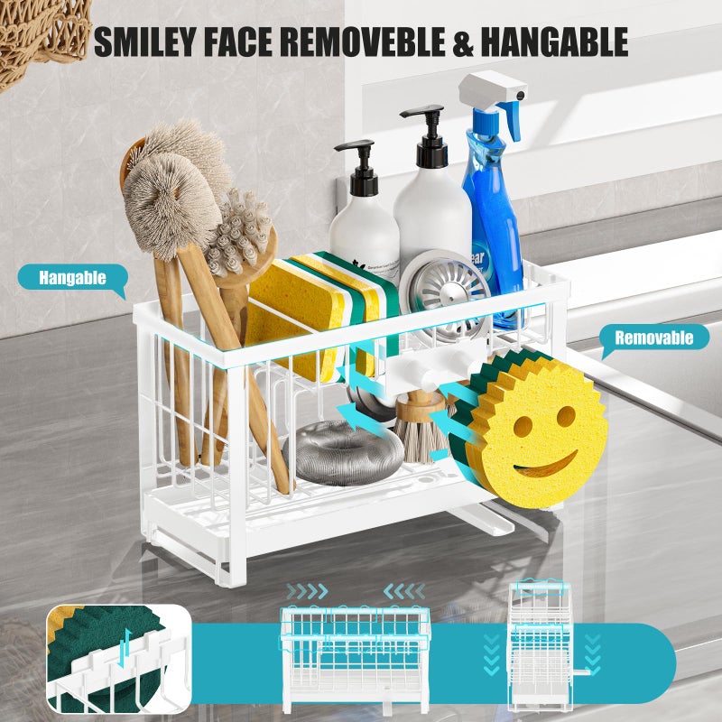Taugast Sponge Holder for Kitchen Sink with Flexible Sponge Holder Smiley Face,2 Tier Kitchen Sink Organizer Countertop and Storage Essentials,Soap Dispenser Organize,Home Decor Accessories-White - Image 3