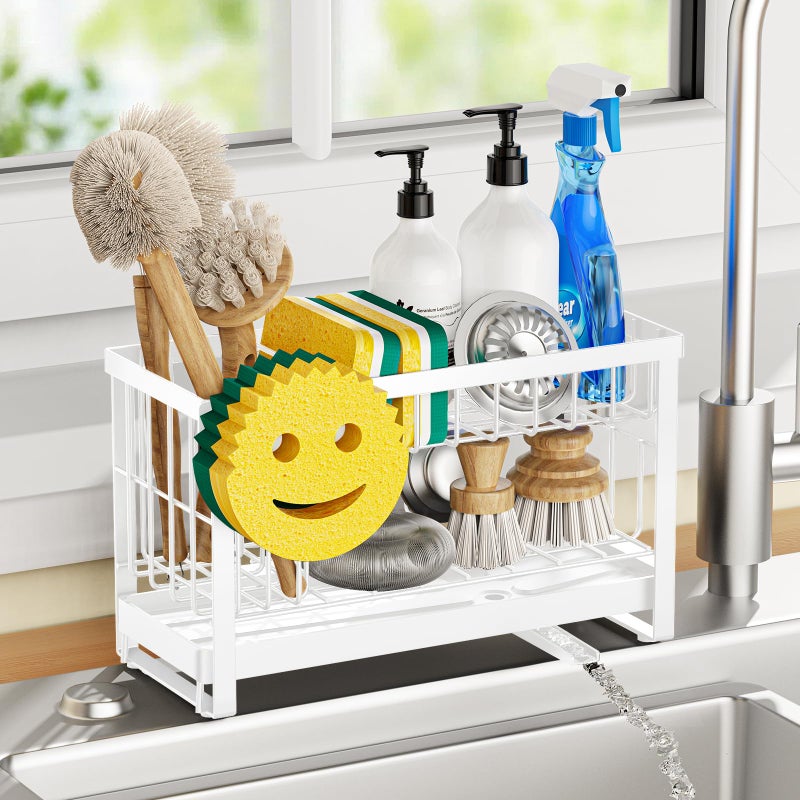 Taugast Sponge Holder for Kitchen Sink with Flexible Sponge Holder Smiley Face,2 Tier Kitchen Sink Organizer Countertop and Storage Essentials,Soap Dispenser Organize,Home Decor Accessories-White - Image 1
