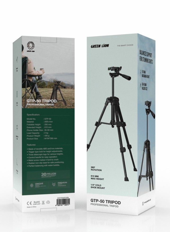 GREEN LION GTP-50 Tripod-Professional Aluminum / Photography/ Videography/ Live streaming / Phone Holder 95-58 mm/ 1/4" Cold Shoe Mount / 2 kg Load Capacity / 360° Rotation - Black - Image 3